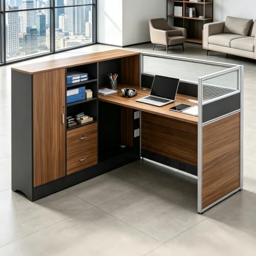 Modular Office Cubicle Workstation Desk with Privacy Panels and Cable Management,Long Computer Desk for Commercial Workspace, Sound Dampening Partition Wall (Oak+Grey, 59IN) by UsosidamFoldTables