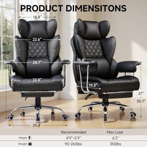 COMHOMA Big and Tall Office Chair, High Back Leather Gaming Chair with Footrest, Executive Ergonomic Office Chair with Pocket Spring Lumbar Support and with Outward Fixed Soft Armrests - Image 3