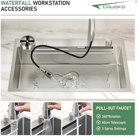 33 Inch Drop In Workstation Waterfall Kitchen Sink with Accessories - Image 5