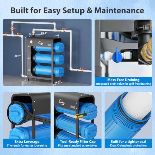 iSpring WHO32BM Iron Manganese Whole House Water Filter System, Horizontal Housings & Drain Valve for Mess-Free Filter Changes, Also Reduces Chlorine, Sediment, 20" x 4.5" Filters, Freestanding Frame - Image 3