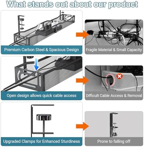 No Drill Under Desk Cable Management Tray, SONATURE 25.3" Cord Organizer for Table, Clamp Mount Desk Cable Management, Premium Carbon Steel Cable Organizer for Office, Home (Black) - Image 2