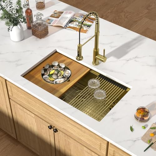 30x19" Undermount Kitchen Sink, Workstation Single Bowl Gold Sink - Image 2
