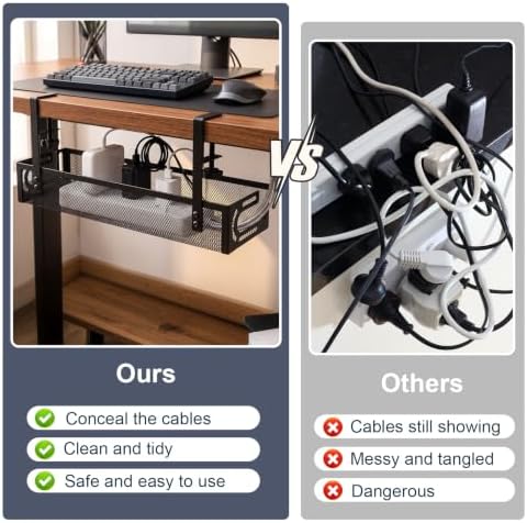 AiQInu Cable Management Desk Under The, Clampable Cable Organiser Tray, Under-Sink Mounting Organiser Made of Carbon Steel, No Drilling, Cable Management for Office, Home - Image 5