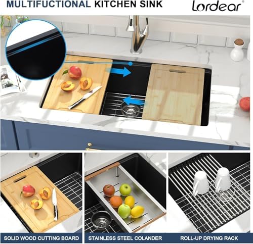 Lordear 30 Black Undermount Kitchen Sink Granite Composite 30X19 Inch Undermount Workstation Sinks Quartz Black Deep Single Bowl Sink - Image 4