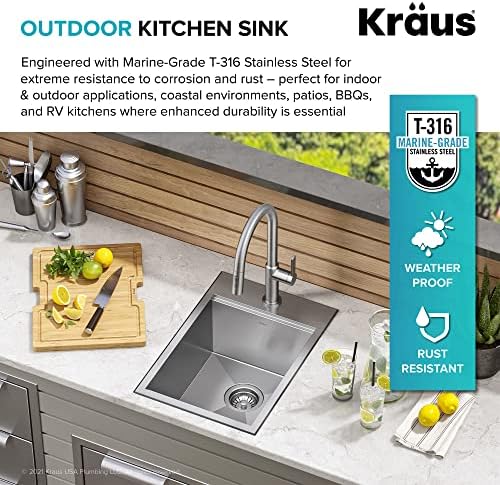 Kraus KWT311-15-316 Kore Outdoor Workstation Drop-In 16 Gauge Marine Grade T-316 Stainless Steel Single Bowl Kitchen Bar Sink with Accessories, 15 x 22 inch - Image 4