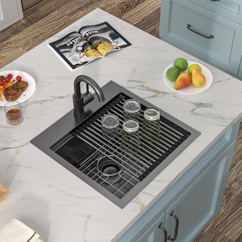 18"x18" Black Bar Prep Sink Drop In Workstation with Faucet Combo - Image 4
