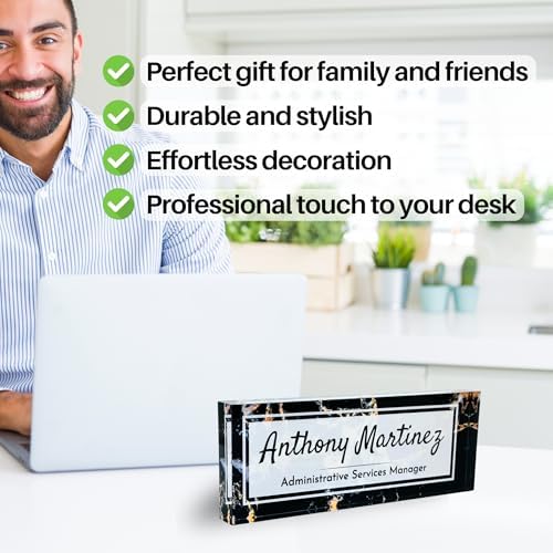 Customized Clear Acrylic Thick 8x3" Desk Name Plate Block with Personalized Logo - Professional Office Decor - Customized Acrylic Plate Gift for Teacher Co-workers (Black Marble) - Image 4
