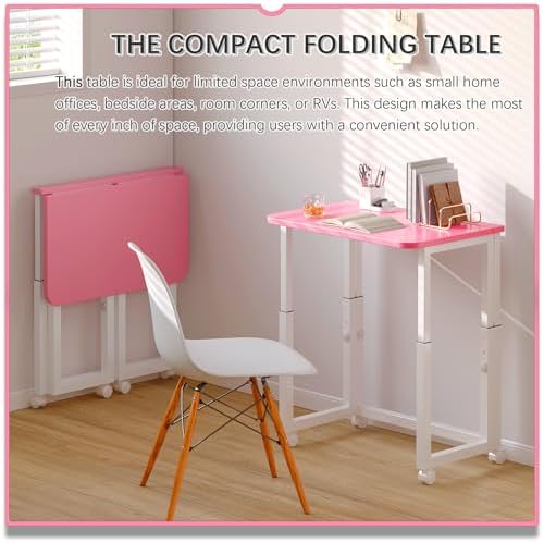 4NM No Tool Assembly 23.6" Small Desk, Folding Portable Desk with Wheels, Foldable Computer Home Office Desks, Collapsible Study Writing Table for Space Saving Bedroom - Pink White - Image 3
