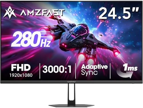Amzfast 24.5 Inch 280Hz/240Hz Gaming Monitor FHD 1080p Monitor, 1ms Adaptive Sync, 3000:1, 126% sRGB, 93% DCI-P3, TÜV Rheinland Eye Care, HDMI 2.0 x 2 & DP 1.4 x 2, AMZG25X1 Pro by Amzfast