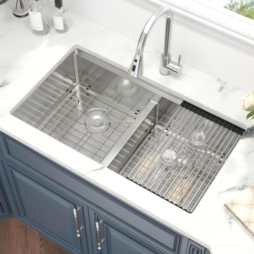 33 Double Bowl Kitchen Sink Undermount Stainless Steel Low Divide - Image 3