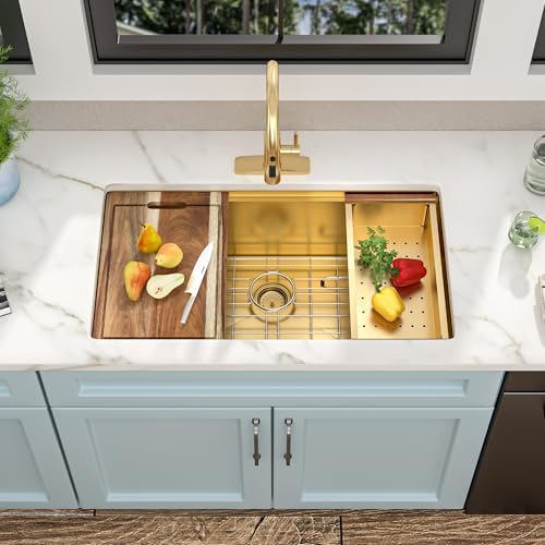 33 Undermount Kitchen Sink Gold - Fulorni 33"x19" Kitchen Sink Brushed Gold NANO-PVD Ledge Workstation 16 Gauge 304 Stainless Steel Under Counter Single Bowl Basin - Image 4
