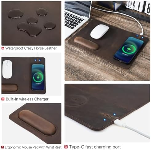 Hiram Premium Crazy Horse Leather Mouse Pad with 15W Wireless Charging - Ergonomic Wrist Rest, Waterproof, and High-End Cowhide Touch(12in x 9in) - Image 5