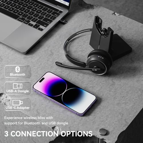 LEVN Wireless Headset5.2 for CallCenter,BluetoothHeadphones with Mic for Work(Noise Cancelling|65HWoktime&Mute Button|Wireless Headset for WorkfromHome/Office/PC/Laptop(Upgraded:USB-C Adapter Included - Image 3