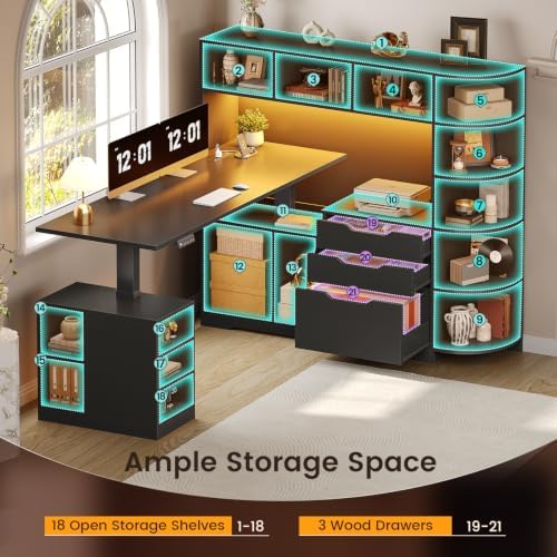 SEDETA 59" L Shaped Standing Desk with 3 Drawers Storage and Bookshelves - Image 4