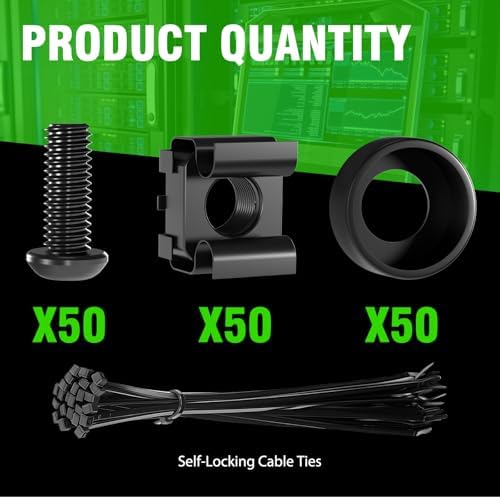 50 PACK M6 x 16mm Rack Mount Cage Nuts, Screws and Washers for Rack Mount Server Cabinet, Rack Mount Server Shelves, Routers, Rack Mount Screws and Square Insert Nuts, Self-Locking Cable Ties for Free - Image 2