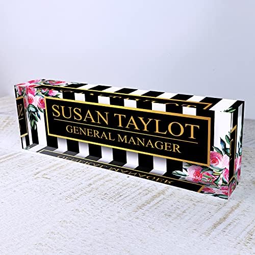 Artblox Office Desk Name Plate Personalized | Custom Name Plates for Desks | Black Stripes & Roses Design On Clear Acrylic Glass | Cute Office Desk Accessories Customized Gifts - (8" x 2.5") - Image 3