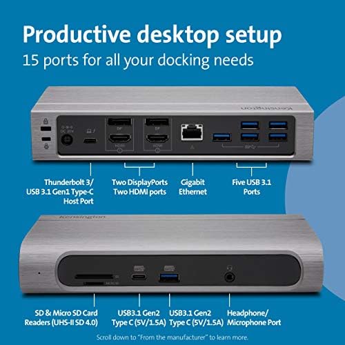 Kensington SD5600T 14-in-1 Thunderbolt 3 Dock USB-C - Compatible with Thunderbolt 4, Mac and Windows, 96W Charging, Dual 4K@60Hz, 40Gbps Transfer Speeds, HDMI 2.0 and DisplayPort, Ethernet (K34009US) - Image 3