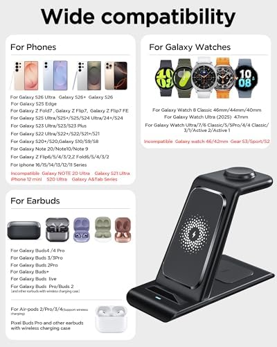 Wireless Charging Station for Samsung Wireless Charger Galaxy S26 Ultra/S25/S24/S23/S22/Note20 Z Fold Flip7 Galaxy Watch 8/7/6/5/4/3 Active 2/1 Stand Galaxy Buds4/4 Pro/3/2 Pro/Live Multiple Devices - Image 2