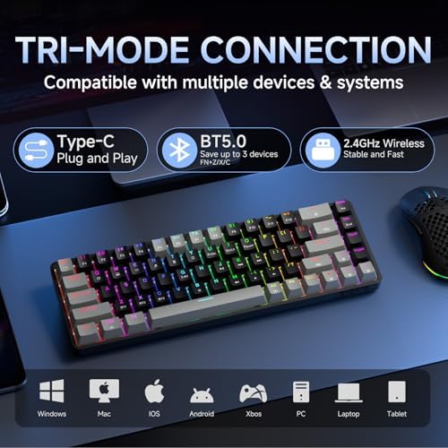 DIERYA DK68 60% Wireless Mechanical Gaming Keyboard, 3-Mode, Bluetooth 5.0/2.4G/USB-C, RGB Backlit, 68-Key Compact Mini for Windows, Mac, Linux - Linear Red Switch - Grey/Black - Image 2