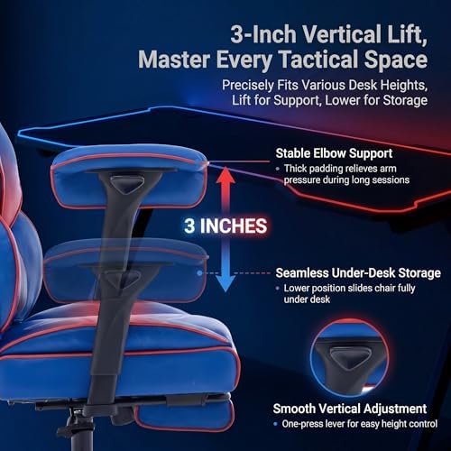 Big and Tall Gaming Office Chair 400lbs - Heavy Duty Ergonomic Computer Desk Chair with Footrest, Adjustable Armrests, High Back PU Leather with Racing Style (Blue/Red) - Image 4