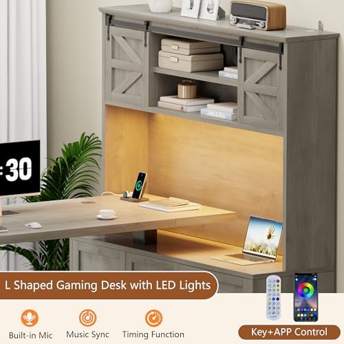 71" LED L Shaped Standing Desk with Hutch and Drawers Grey - Image 4