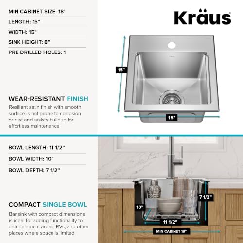 KRAUS Fairlane 15 in Drop In/Top Mount Workstation Single Bowl 18-Gauge Stainless Steel Bar Kitchen Sink with Accessories, KWT631-15 - Image 5