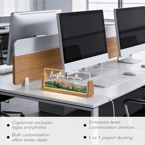 Personalized Light Up Acrylic Desk Name Plate - Custom Name Plate for Desk with Walnut Wood Base - Appreciation Office Gifts for Employees, Teacher, Social Worker (Forest) - Image 4