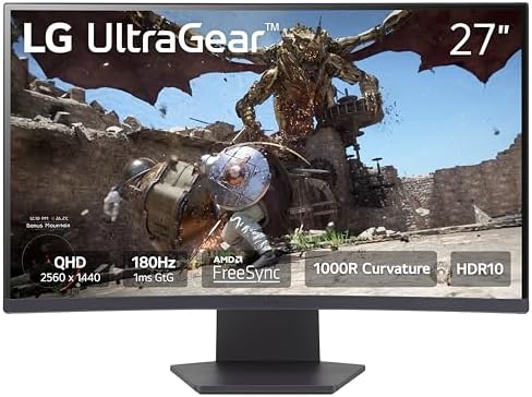 LG 27GS60QC-B Ultragear 27-inch Curved Gaming Monitor QHD (2560x1440) 180Hz 1ms 1000R AMD FreeSync HDR10 HDMIx2 DisplayPort Borderless Design Black Stabilizer DAS Crosshair FPS Counter - Black by Unknown