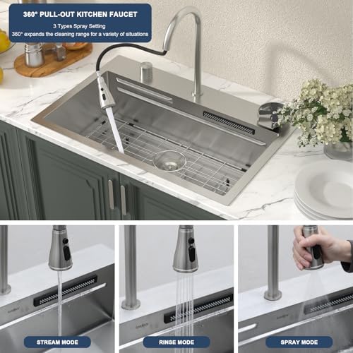 Lordear 31 Drop Kitchen Sink with Faucet Combo - 31"x20" Waterfall Kitchen Sink Workstation Stainless Steel 16 Gauge Single Bowl Topmount Handmade Sinks with Pull Out Faucet - Image 4
