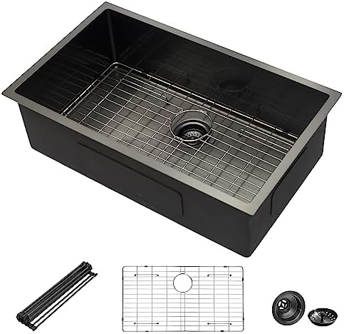 Mocoloo 33 Black Undermount Kitchen Sink 33x19 Gunmetal Black 16 Gauge Stainless Steel Deep Round Corner Under Counter Single Bowl Kitchen Sinks Handmade Basin by MocolooHome