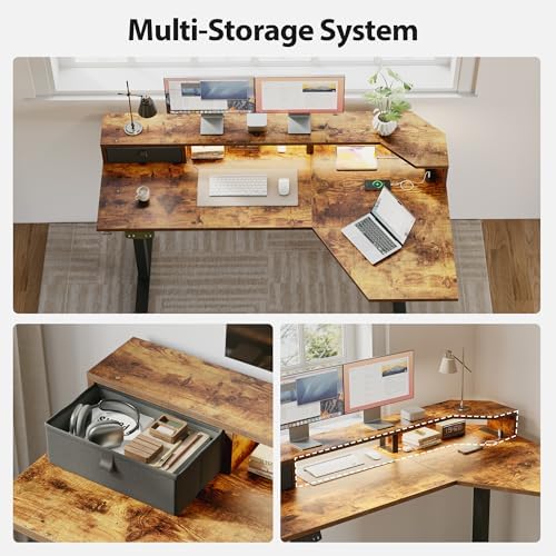 Agilestic 63*35 Inch L Shaped Standing Desk with Shelf & Led& Outlet, Brown - Image 4