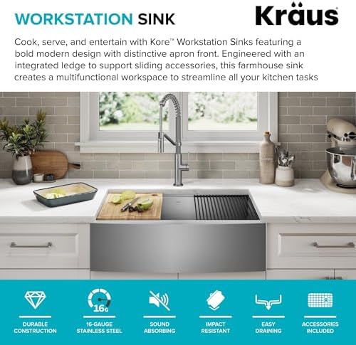 KRAUS Kore 36-Inch Farmhouse Workstation 16 Gauge Single Bowl Stainless Steel Kitchen Sink with Accessories, KWF210-36 - Image 3