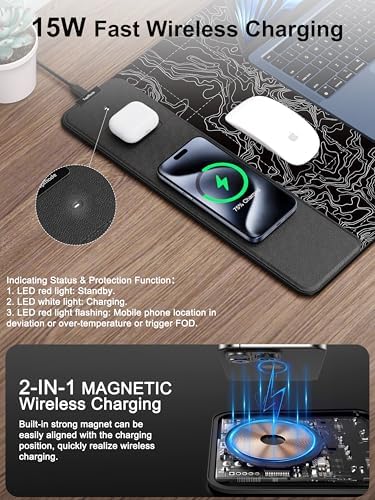 Mouse Pad with Wireless Charging, Large Desk Mat, Black Topographic Map #3 - Image 2