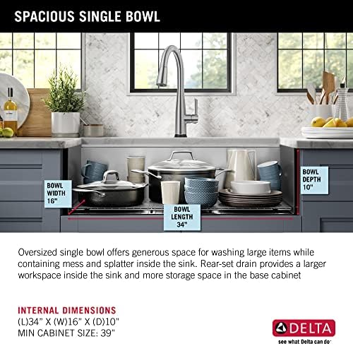DELTA FAUCET Rivet 36-inch Workstation Farmhouse Apron Front Kitchen Sink Undermount 16 Gauge Stainless Steel Single Bowl with WorkFlow Ledge and Kit of 5 Accessories, 95C9031-36S-SS - Image 6