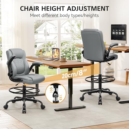 Drafting Chair, Tall Office Chair for Standing Desk, High Executive Leather Ergonomic Computer Chair with Adjustable Height and Flip-Up Armrest for Counter Height Desk, Grey, Pack of 1 - Image 5