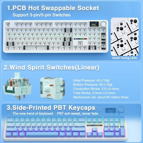 AULA F108 PRO - Wireless Mechanical Keyboard with Screen&Knob,Hot Swappable Gaming Keyboard with 8000mAh Battery,Pre-lubed Switches,RGB Backlit,PBT Keycaps Creamy Sounding Computer Keyboards,104 Keys - Image 5