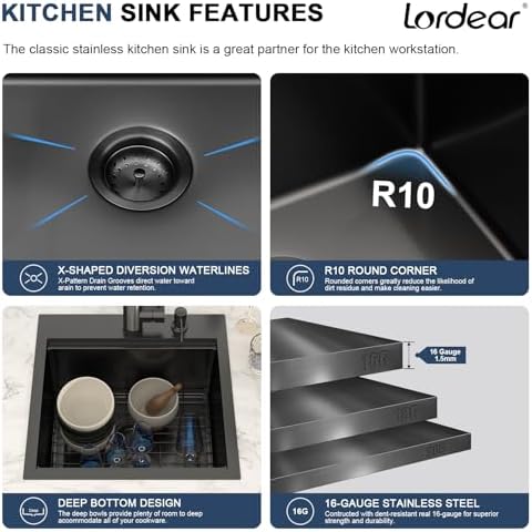 Lordear 18x18 Matte Black Bar Sink with Faucet Drop In T304 Stainless Steel - Image 5