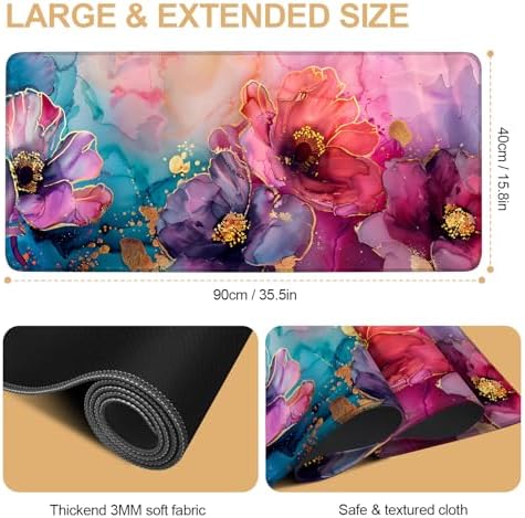 Large Mouse Pad, Floral Ink Desk Mat, Extended Gaming Mouse Pad with Non-Slip Rubber Base, Thick 3mm Smooth Surface Keyboard Mat for Office & Home，35.5 x 15.8 in - Image 2