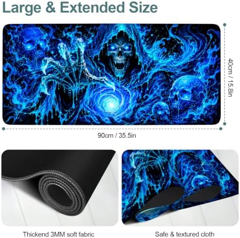 Blue Neon Skull Extended Gaming Mouse Pad 35.4"x15.7" Large Extended Pad Desk Mat Anti-Slip Rubber Base & Durable Stitched Edges for Gamers Smooth Mouse Pad Writing Surface for Desk Office/Home - Image 2