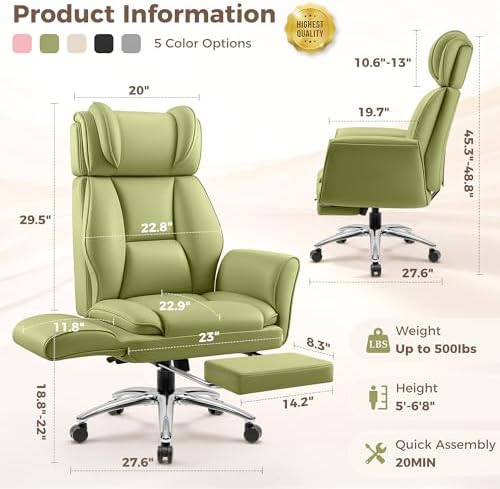 Big and Tall Office Chair, Flip Armrests for Pets & Cross Legged Sitting, Ergonomic Leather Executive Desk Chair with Foot Rest, High-Back Reclining Computer Chairs for Home Office Gaming, Green - Image 2