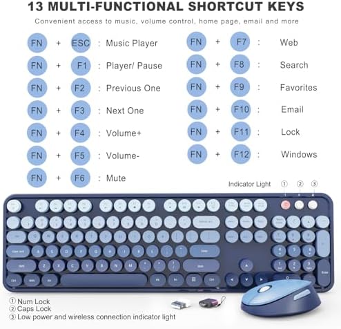 Wireless Keyboard and Mouse Combo, Ergonomic Full Size Typewriter Retro Round Keycaps Keyboard, Compatible with Windows, PC, Perfer for Home and Office Keyboards (Twilight Blue - Image 4