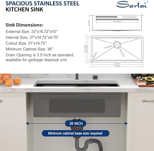 Sarlai 33 Inch Waterfall Kitchen Sink Black Undermount Workstation Sink - Image 7