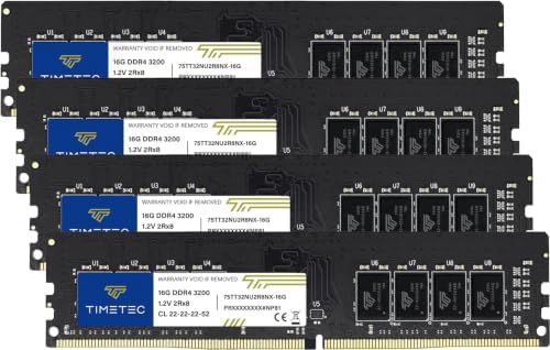 Timetec 64GB KIT (4x16GB) DDR4 3200MHz (PC4-3200AA) PC4-25600 UDIMM Desktop RAM – 288-Pin 1.2V CL22 Non-ECC Unbuffered DIMM Memory Module Upgrade by Timetec