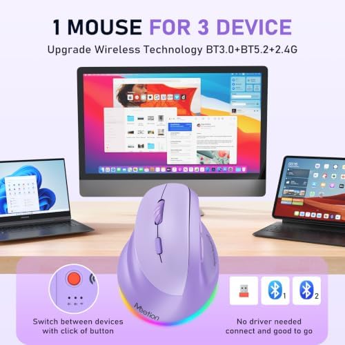 MEETION Left-Handed Wireless Ergonomic Vertical Mouse, Rechargeable -Purple - Image 3