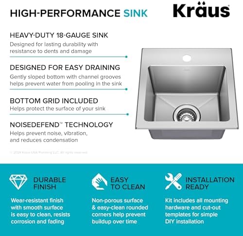 KRAUS Fairlane 15-inch Drop In/Top Mount Single Bowl 18-Gauge Stainless Steel Kitchen Bar Sink, KHT631-15 - Image 4