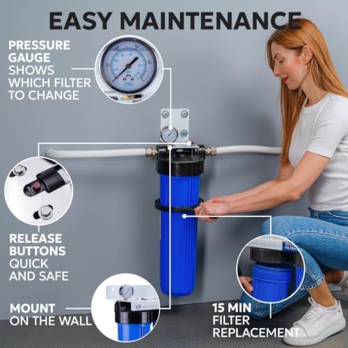 Aquaboon Whole House Water Filter System for Well Water with 20x4.5 KDF Heavy Metals Purification Cartrige | NSF Certified, Pressure Gauges & Releas, Wrench, Bracket 1" NPT - Image 4