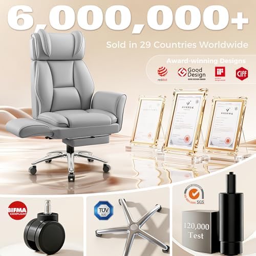 Big and Tall Office Chair, Flip Armrests for Cross Legged Sitting, Ergonomic Leather Executive Desk Chair with Foot Rest, High-Back Reclining Computer Chairs for Office Home Game - Light Gray - Image 3