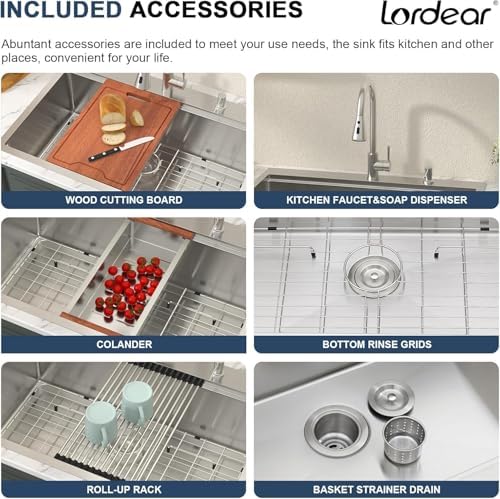 Lordear 33x22 Inch Drop In Kitchen Sink With Faucet 33 Inch Kitchen Sink with Faucet Combo Workstation 16 Gauge Stainless Steel Single Bowl Topmount Basin - Image 4