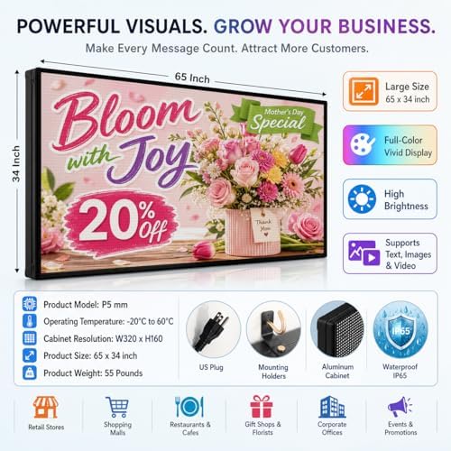 P5 Outdoor LED Sign 65" x 34", IP65 Waterproof Programmable Full Color Digital Display with WiFi & USB Control, High-Resolution Scrolling Text Image Video LED Advertising Board for Business - Image 2