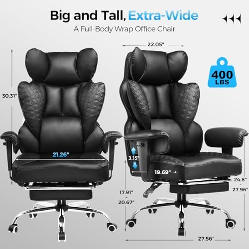 COMHOMA Big and Tall Office Chair Heavy Duty Wide Ergonomic Gaming Chair with Deluxe Embossing Designed Leather with Foot Rest, 145°Reclining Adjustable Armrests Pocket Spring Back Support and Pillow - Image 2